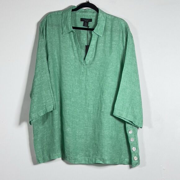 TAHARI 100% Linen Tunic Top Shirt Womens Sz 2X Green 3/4 Sleeves Side Hem Button - Picture 2 of 11